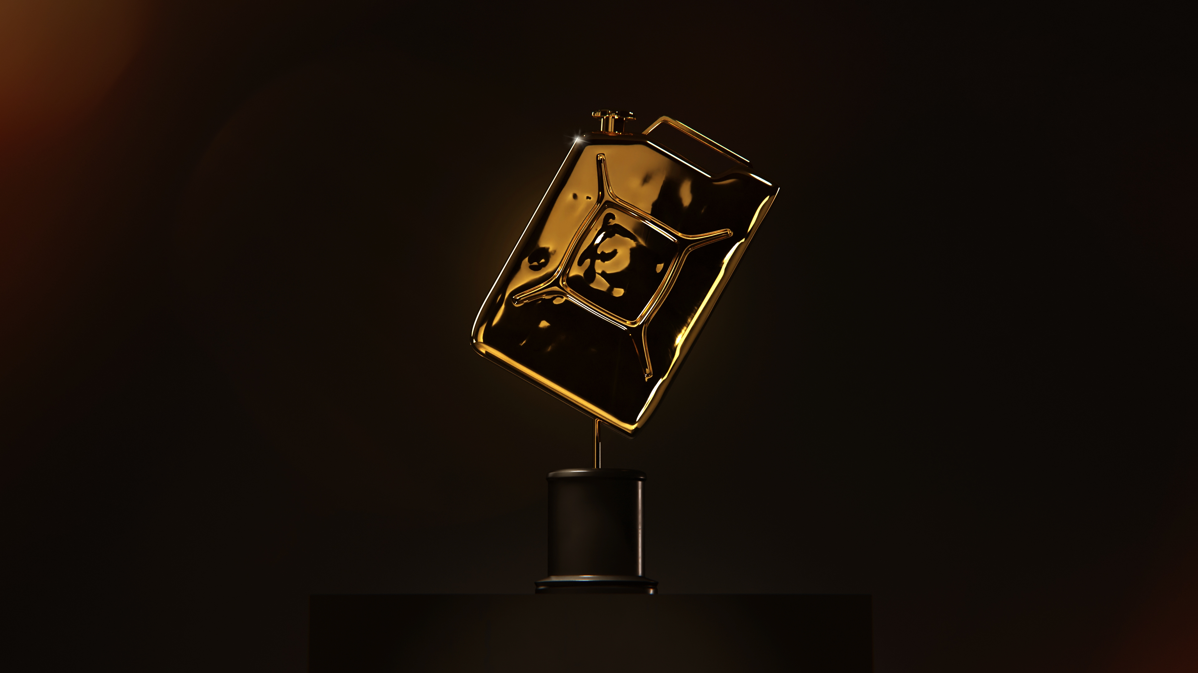 A golden trophy in the shape of a gas can
