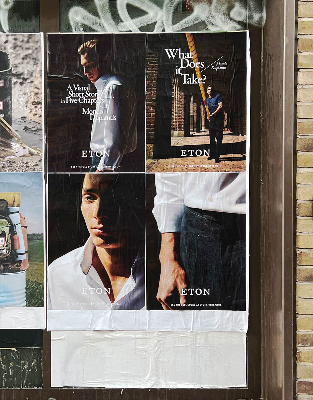 A wall covered with posters of Mondo Duplantis.