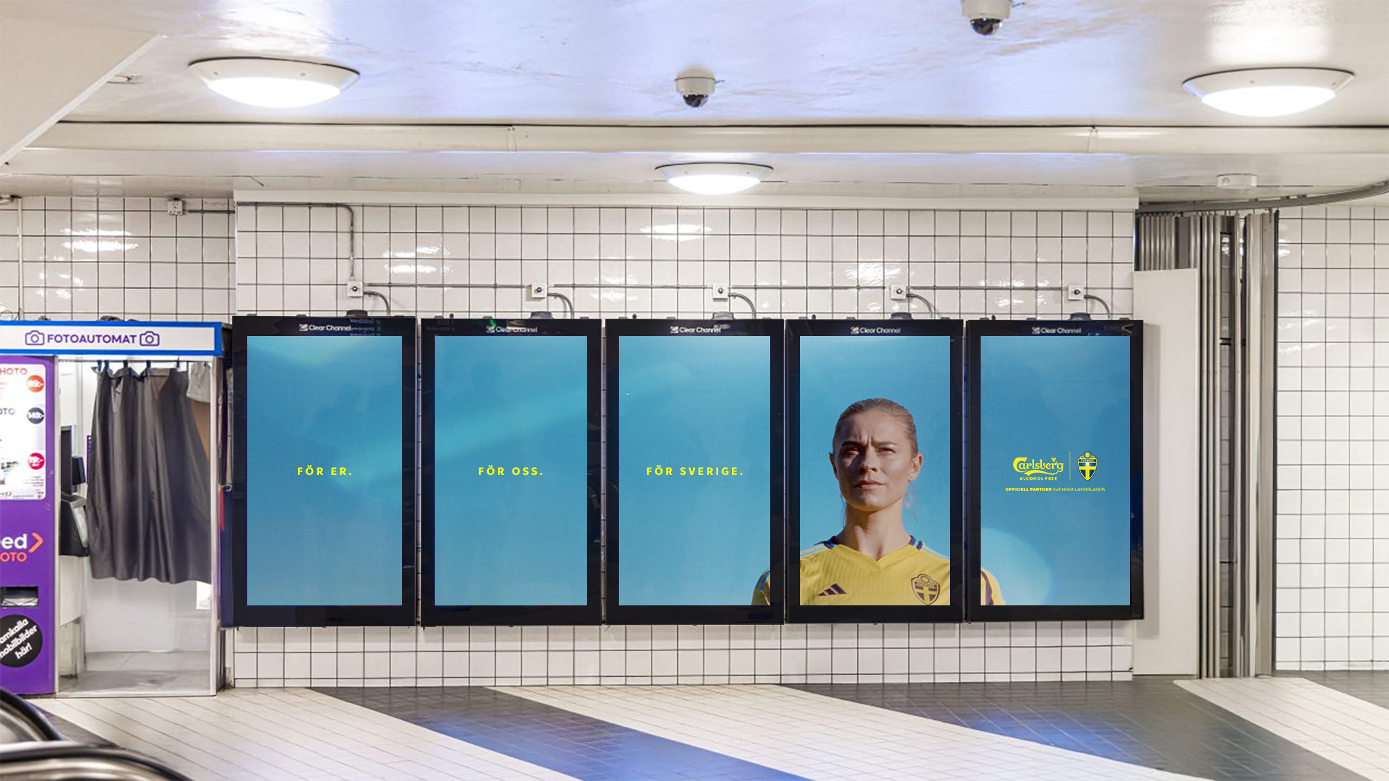 A row of adjacent screens displaying an ad with the words: For you. For us. For Sweden.