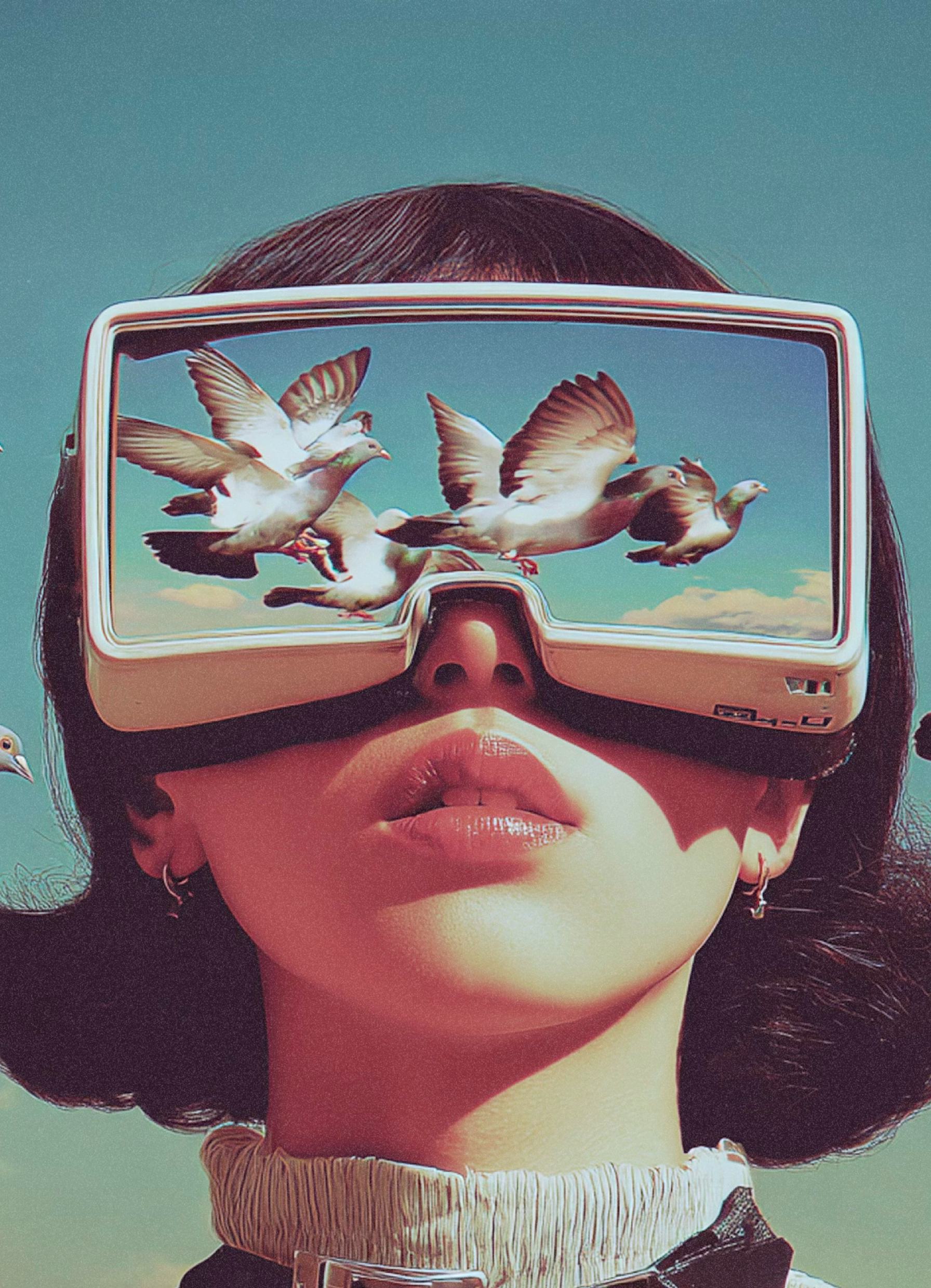 A woman with futuristic glasses. Flying birds are reflected in the glasses.