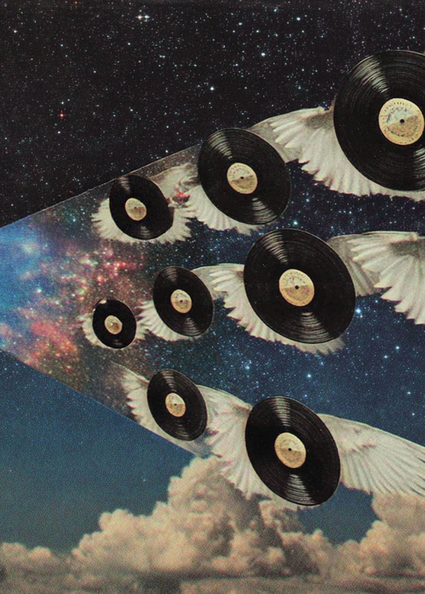 LP discs with wings floating trough the sky.