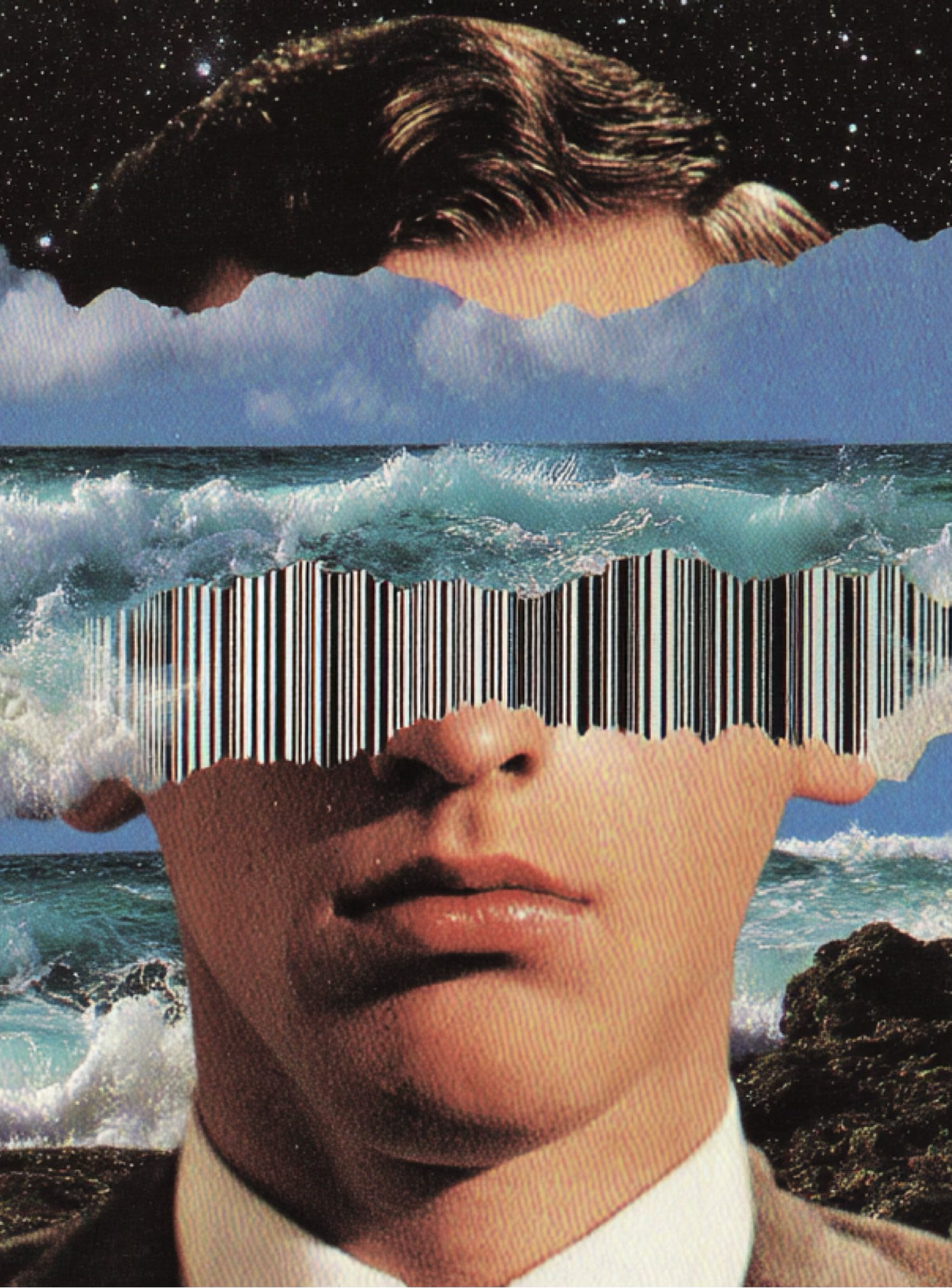A collage of a mans face overlayed with an ocean and psychedelic patterns